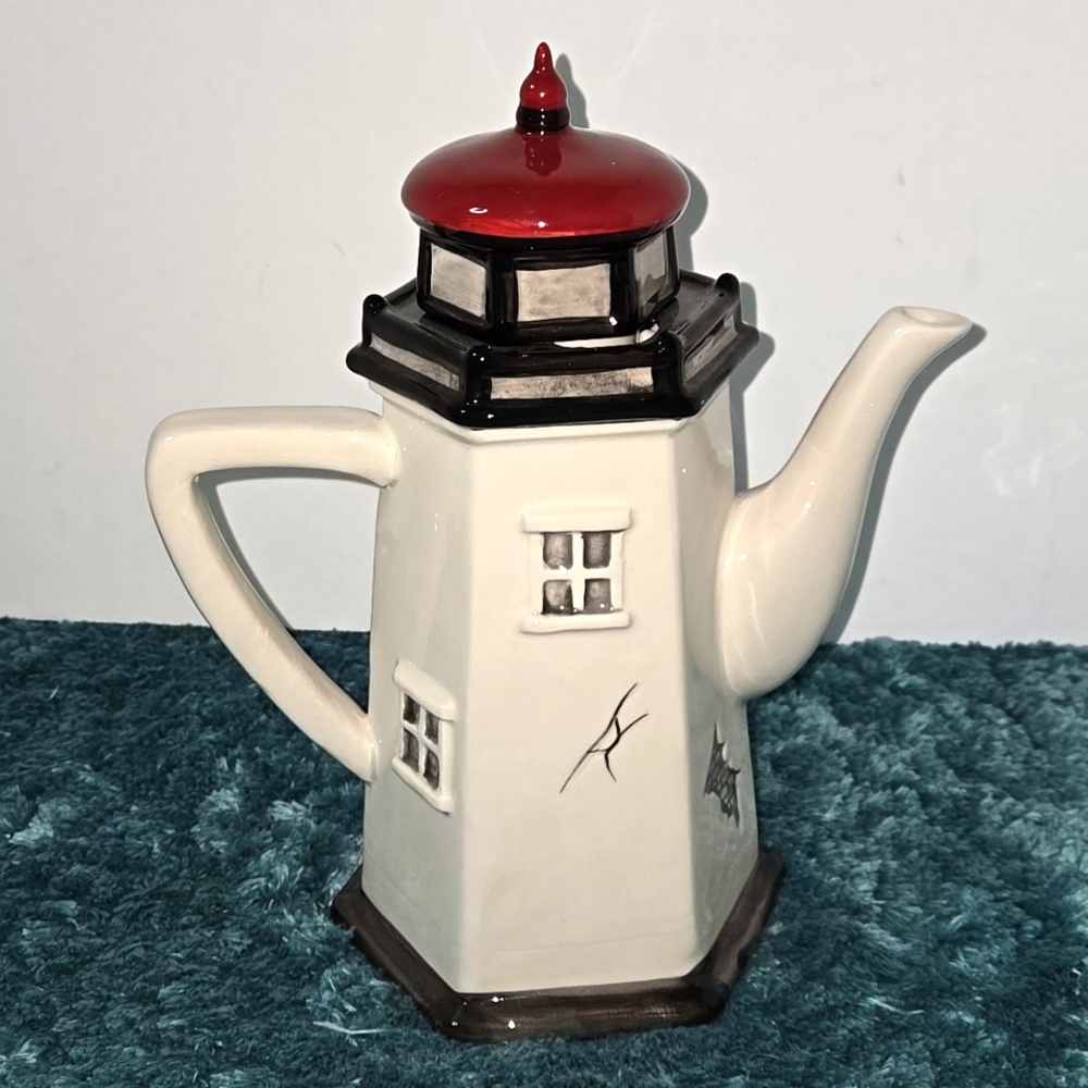 Blue Sky 2016 Ceramic Lighthouse Teapot with Red Lid